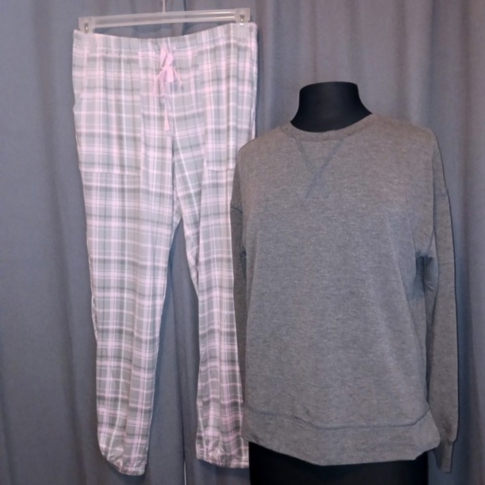 Joyspun Pjs‎ Pajamas Grey long sleeve Sweatshirt S Pink Plaid Super Soft Pants M